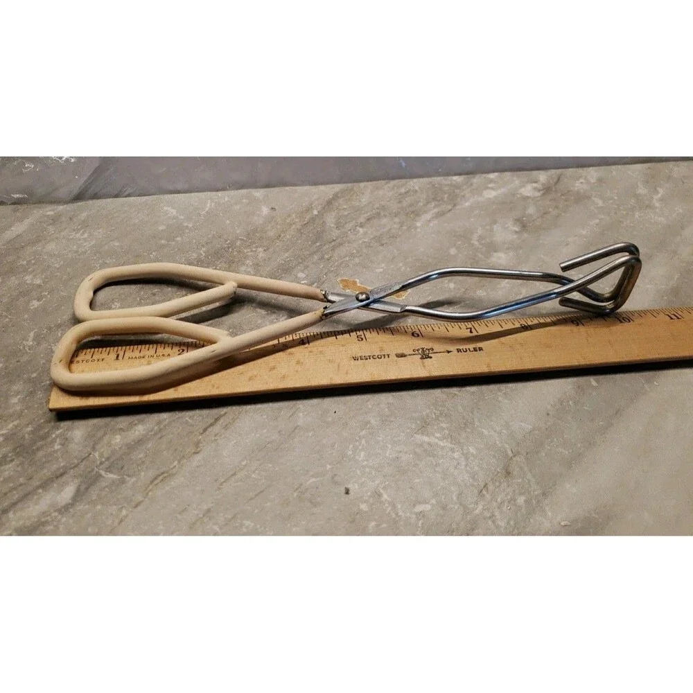 Vintage EKCO 10 Stainless Steel Kitchen Tongs Grippers, Ivory Rubber handle USA
